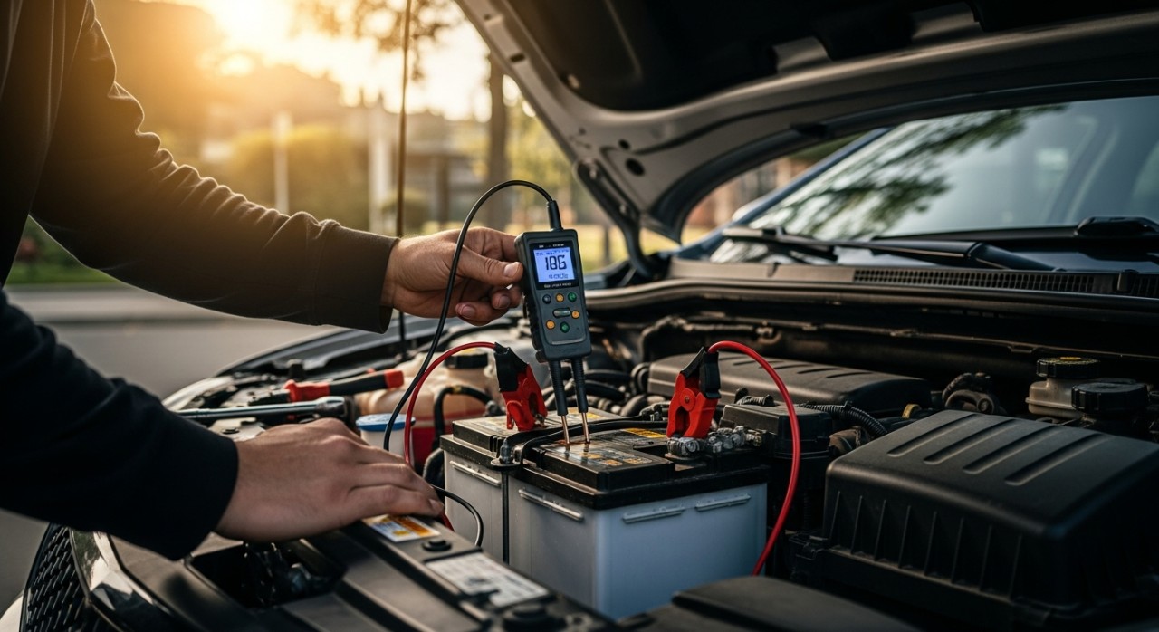 Seorang lelaki sedang menggunakan alat penguji digital untuk memeriksa tahap kesihatan bateri kereta di bawah bonet kenderaan.